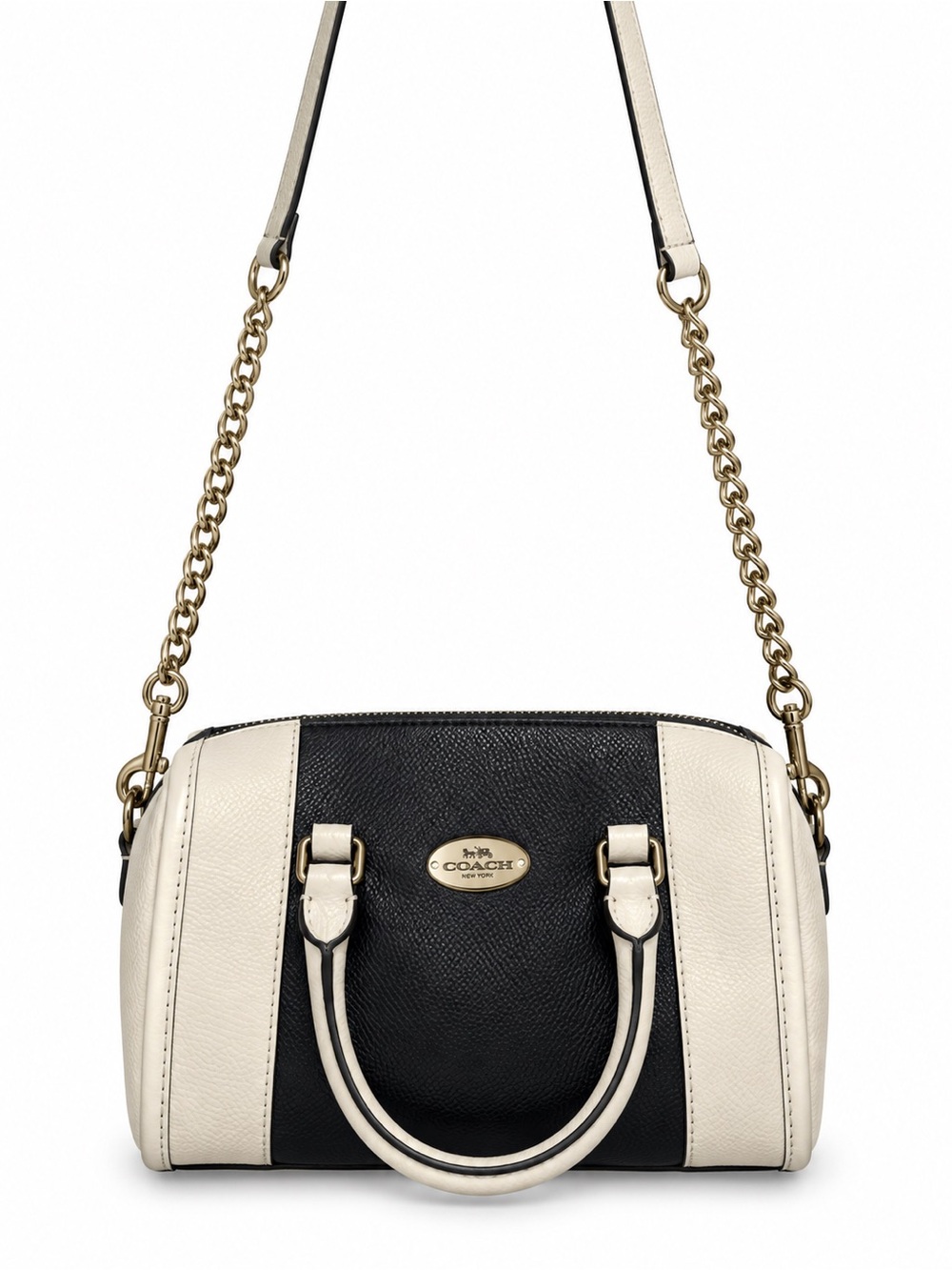 COACH NAVY & WHITE MINI BENNETT Leather Satchel with Gold Chain Strap
